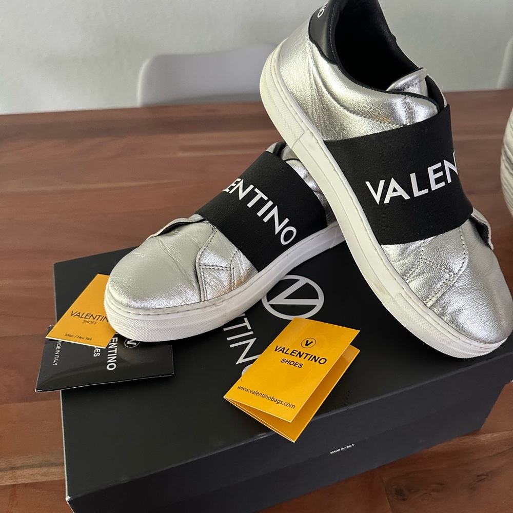 Valentino Metallic Sneakers with Bold Black Straps maya like new